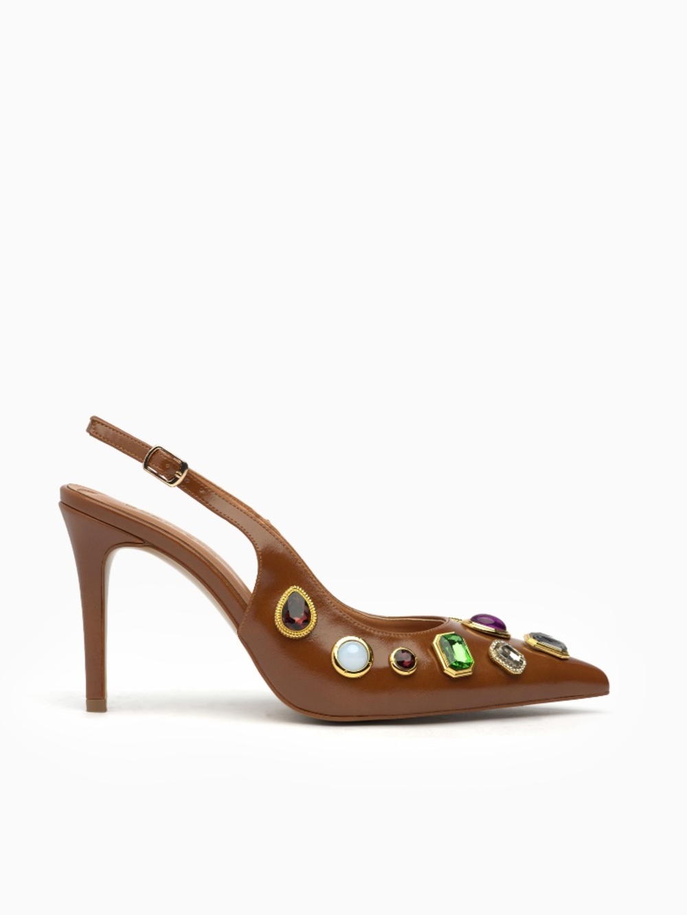 Brown Leather Slingback Heels with Multicolored Jewel Embellishment 90mm Stilett